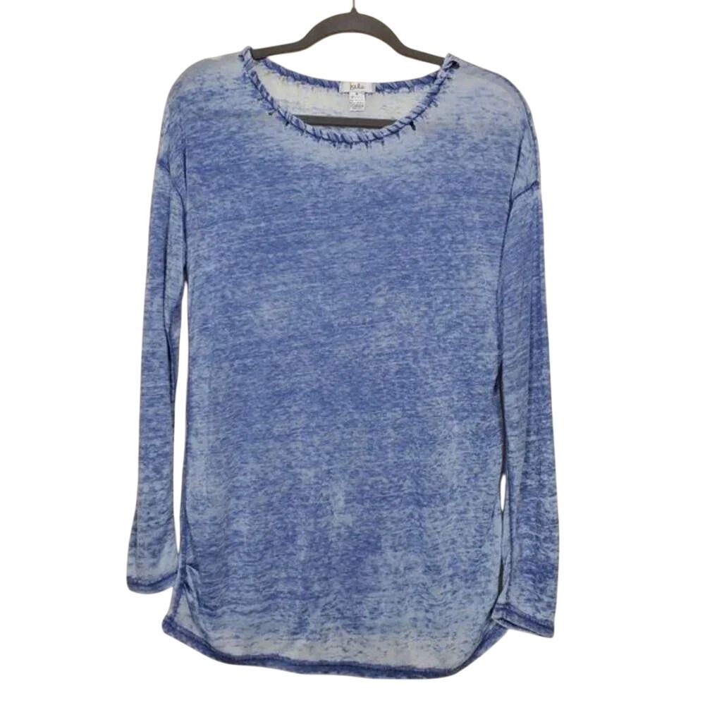 Isela Long Sleeve Knit Top Blue White Sheer Womens Size M Lightweight Round Neck